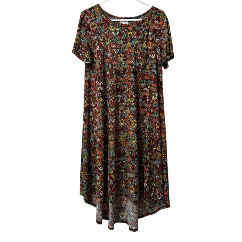 LulaRoe Aztec Midi Dress Size Medium Short Sleeve Stretch Colorful Artsy Classic